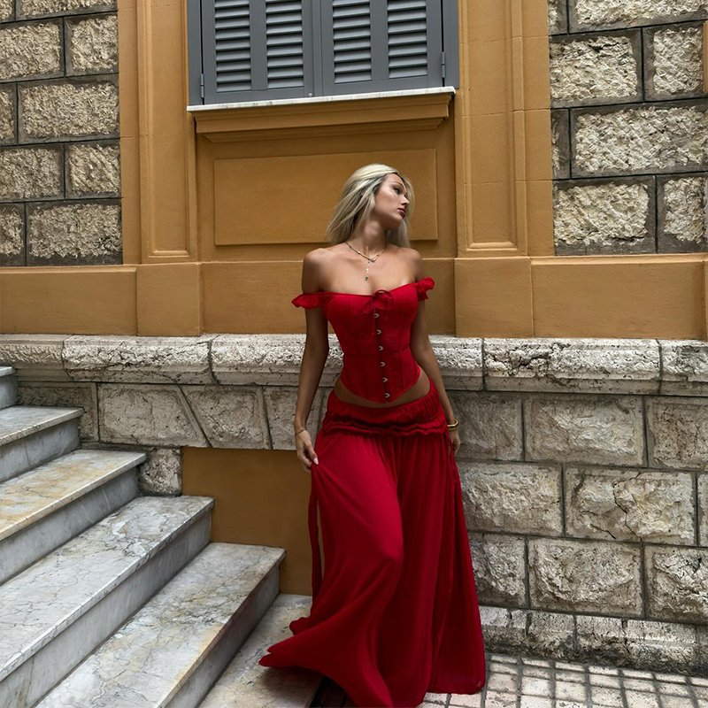 Chic Red Off Shoulder Corset T - Elastic Lace Trim review and price