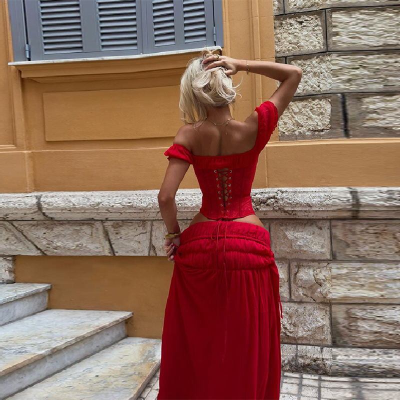 Chic Red Off Shoulder Corset T - Elastic Lace Trim review and price