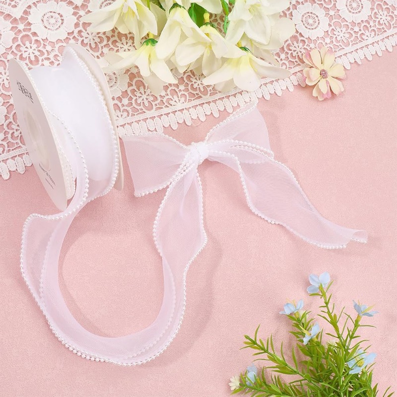 5 Yards White Faux Pearl Edge  - Organza Ribbon Spool review and price