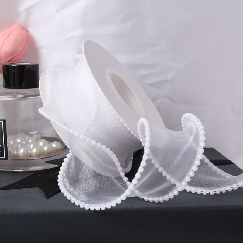 5 Yards White Faux Pearl Edge  - Organza Ribbon Spool review and price