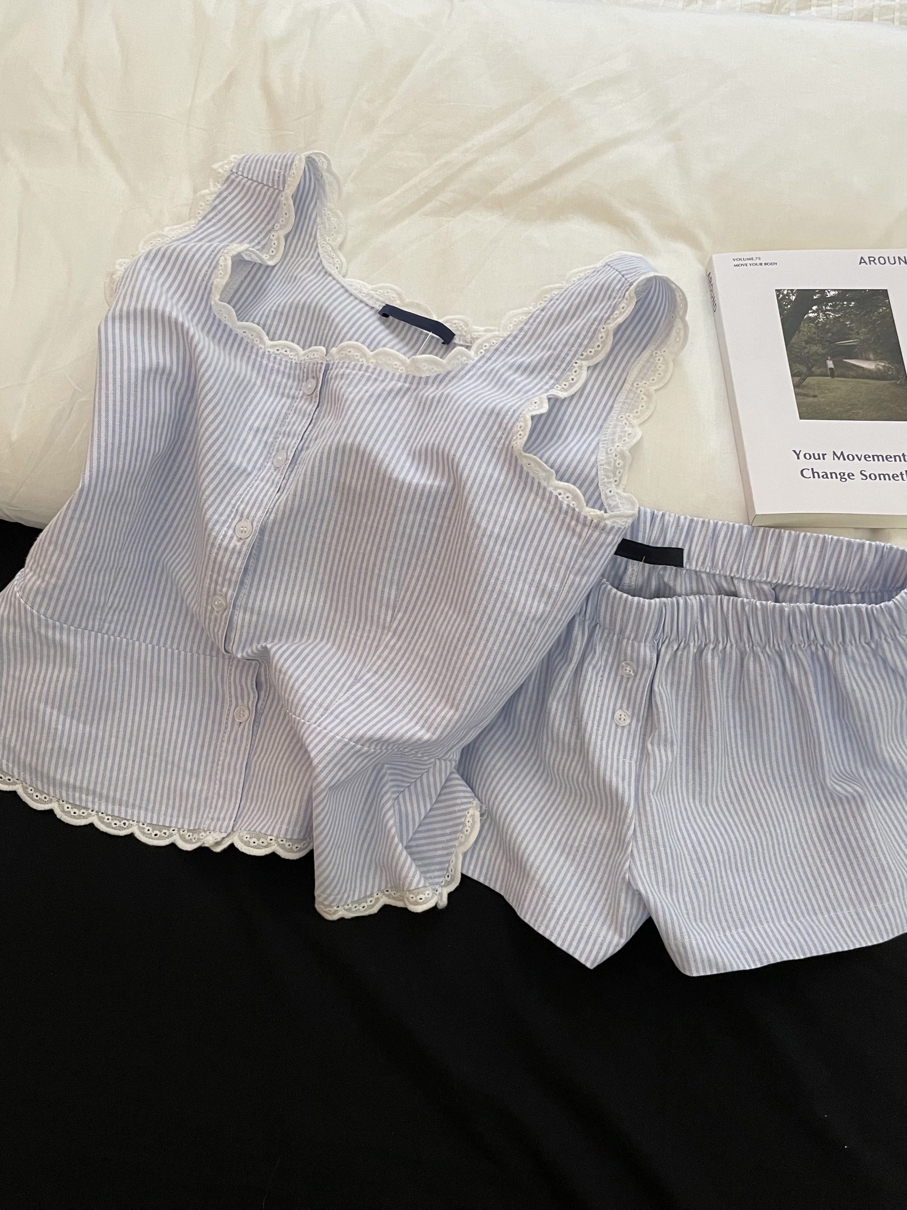 Blue Striped Shorts 2 Piece Se - Elastic Lace Trim review and price